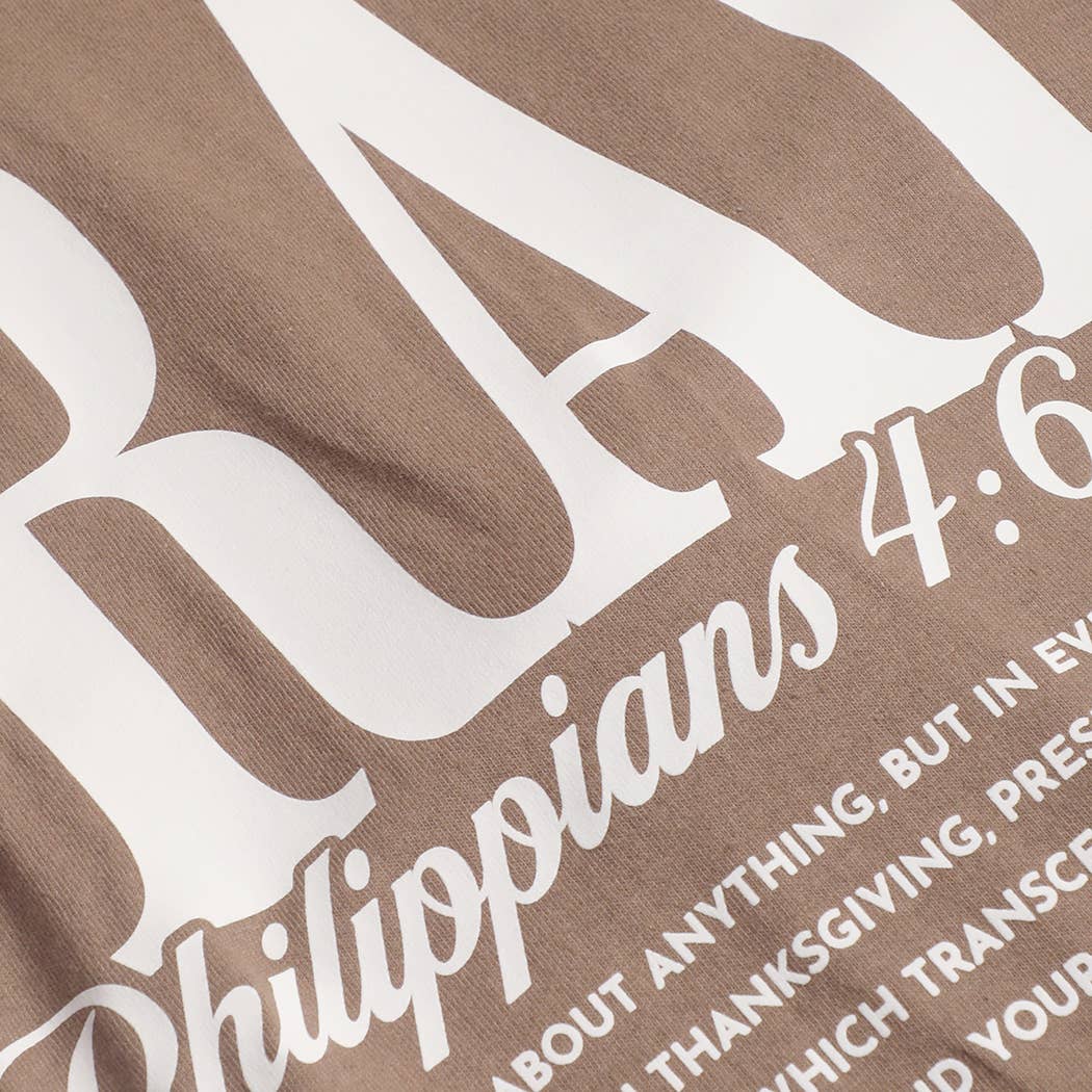 Fashion City T-Shirt PRAY Philippians 4:6-7 Brown Heavy Cotton T-Shirt PRAY Philippians 4:6-7 Brown Heavy Cotton T-Shirt