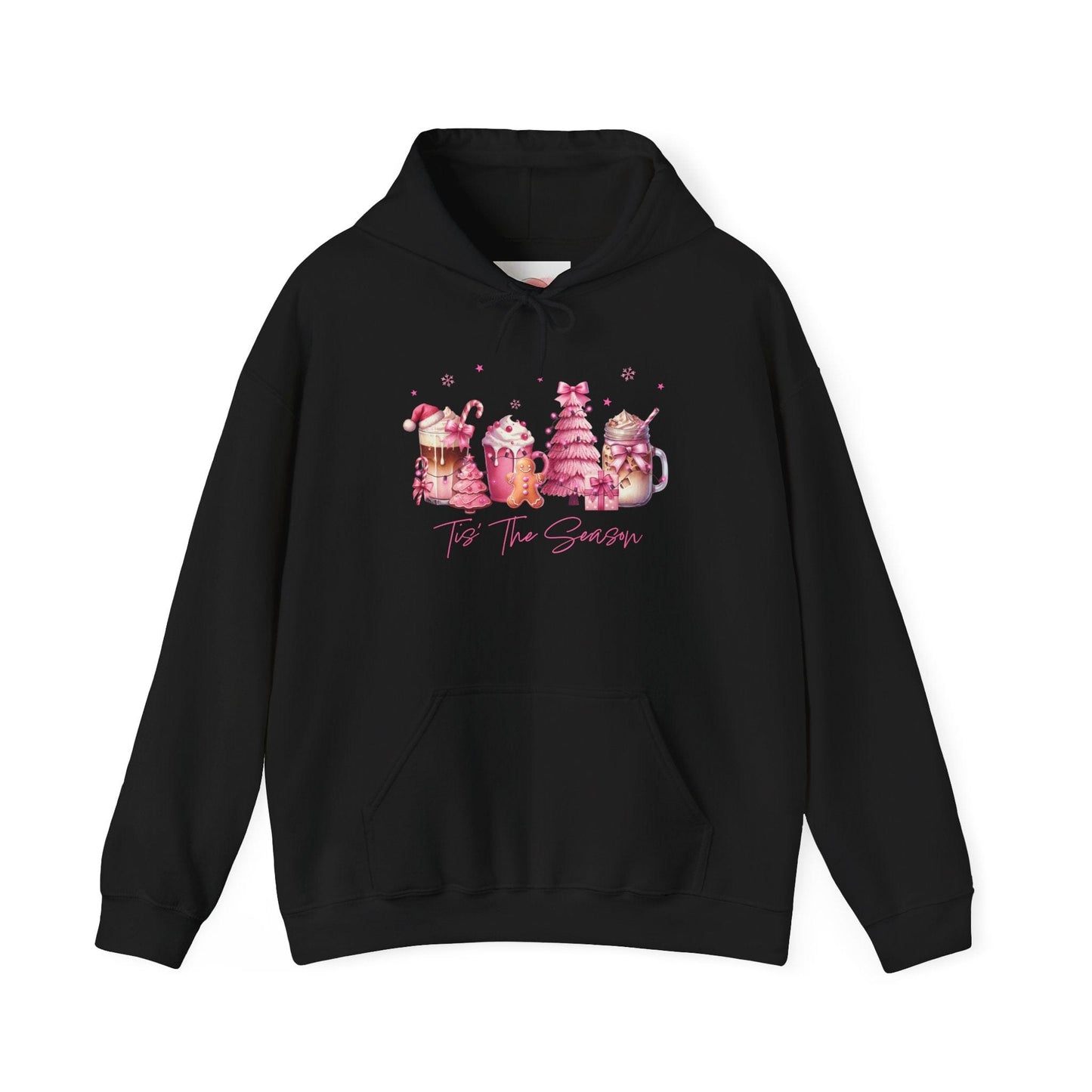 hope + joy collective black hoodie sweatshirt with "Tis the Season" in cursive font below a graphic image of seasonal coffee and cocoa drinks accented in pink with a pink Christmas tree topped with pink bow
