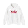 hope + joy collective white hoodie sweatshirt with "Tis the Season" in cursive font below a graphic image of seasonal coffee and cocoa drinks accented in pink with a pink Christmas tree topped with pink bow