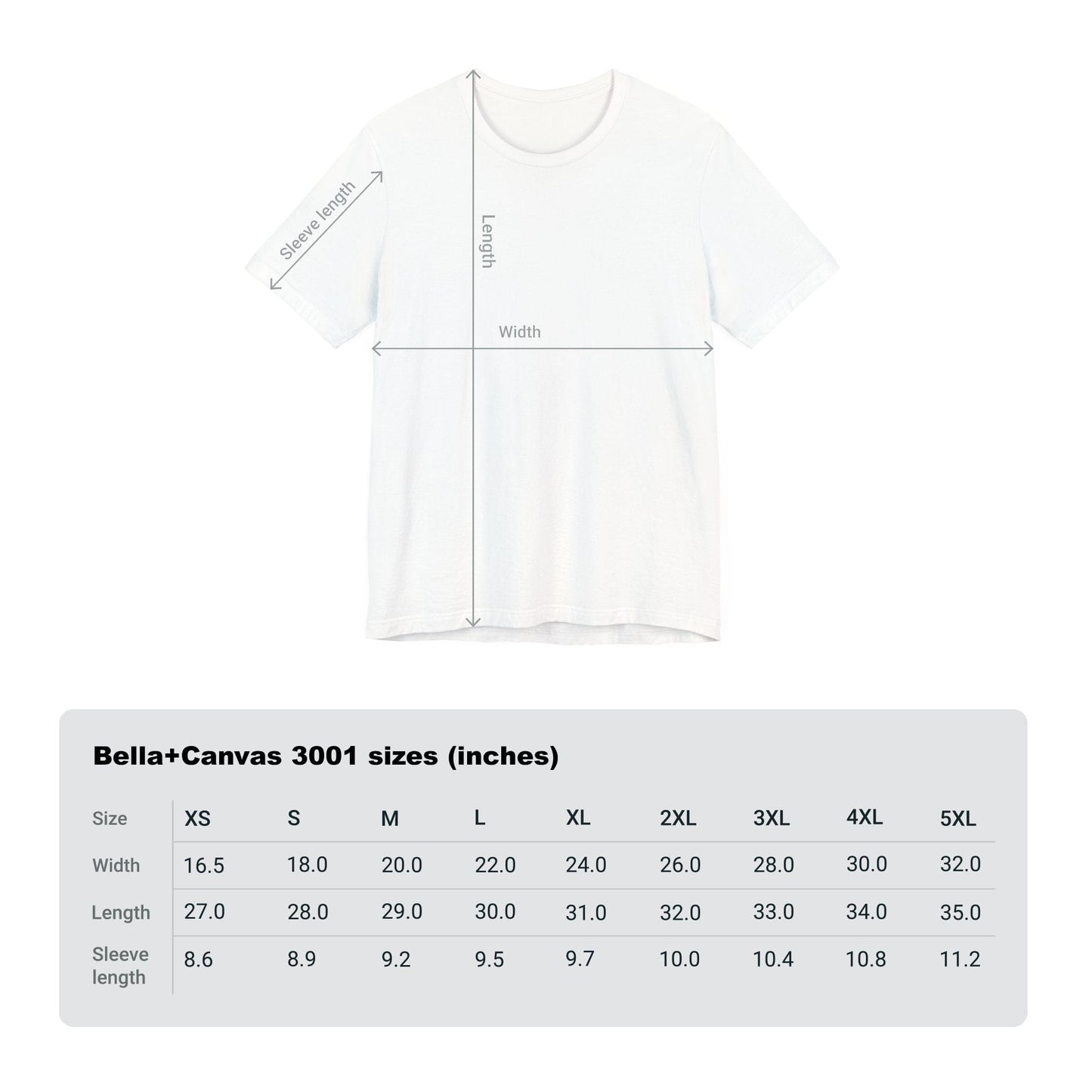 size chart for Bella+Canvas 3001 short sleeve t-shirt in inches with diagram of drawing and arrows indicating measurments