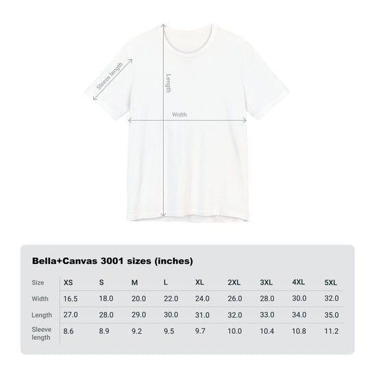 size chart for Bella+Canvas 3001 short sleeve t-shirt in inches with diagram of drawing and arrows indicating measurments