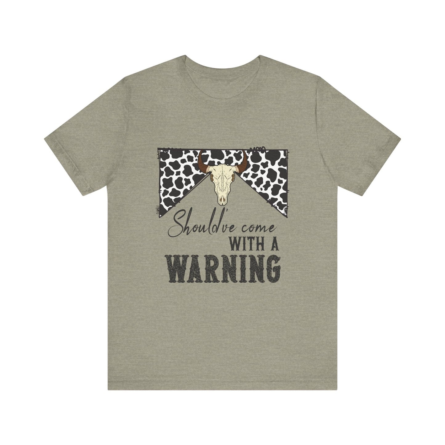 hope + joy collective heather stone short sleeve t-shirt with a graphic image of a leopard banner and cow skull in the middle that says "Should've Come with a Warning" in western font