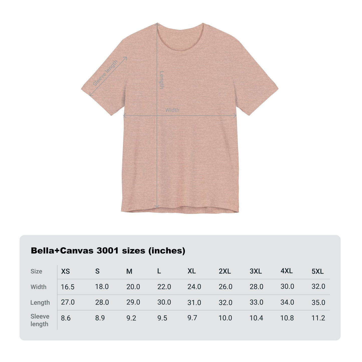 hope + joy collective size chart in inches for Bella+Canvas 3001 t-shirt with diagram and arrows indicating measurements
