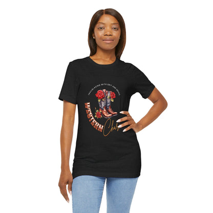 hope + joy collective black t-shirt with cowgirl boots with red roses with "trailblazing with grit and grace" in white text arching over the top of the design and "western charm" under-arching the bottom of the boots