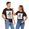 hope + joy collective black t-shirt with graphic image on white background of Christ carrying the cross and "He Is Risen" printed below the image