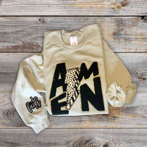 hope + joy collective apparel Amen Crewneck with Faith Sleeve Detail Amen Crewneck with Faith Sleeve Detail
