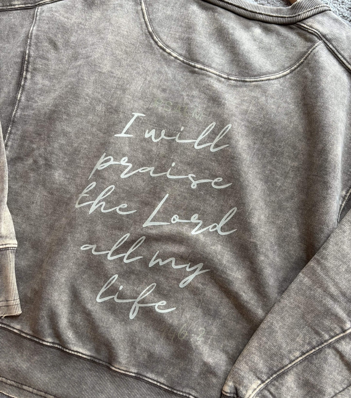 hope + joy collective apparel Ash Mocha / Small Praise Acid Wash Long-Sleeve Crewneck with Psalm 146:2 Praise Long-Sleeve Crewneck | Faith-Inspired Acid Wash Pullover