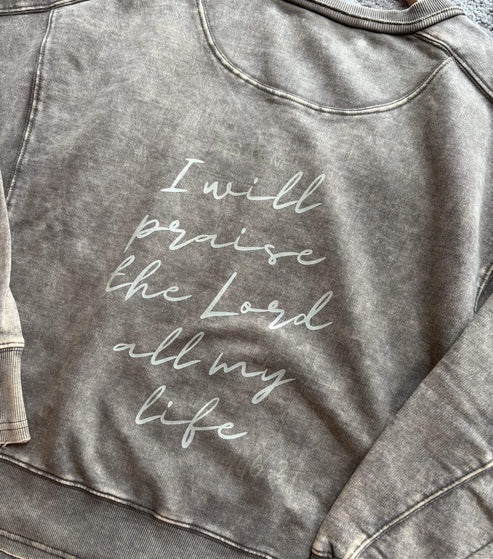 hope + joy collective apparel Ash Mocha / Small Praise Acid Wash Long-Sleeve Crewneck with Psalm 146:2 Praise Long-Sleeve Crewneck | Faith-Inspired Acid Wash Pullover