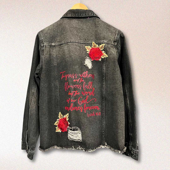 hope + joy collective jacket Large Isaiah 40:8 Black Distressed Denim Jacket Isaiah 40:8 Black Distressed Denim Jacket