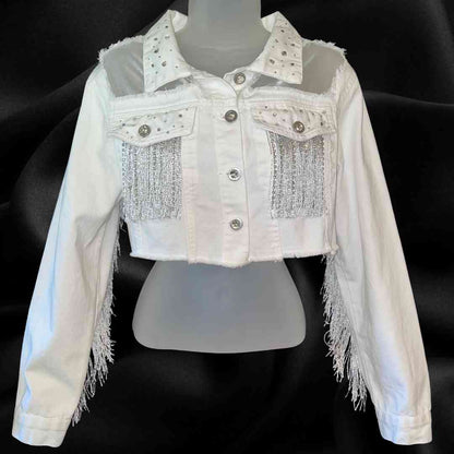 hope + joy collective jacket Medium White Denim Cropped Jacket with Rhinestone Bow