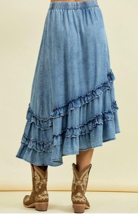 hope + joy collective Jean Skirt Asymmetrical Ruffle Midi Skirt Asymmetrical Ruffle Midi Skirt