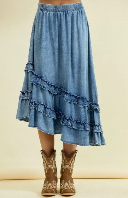 hope + joy collective Jean Skirt S Asymmetrical Ruffle Midi Skirt Asymmetrical Ruffle Midi Skirt