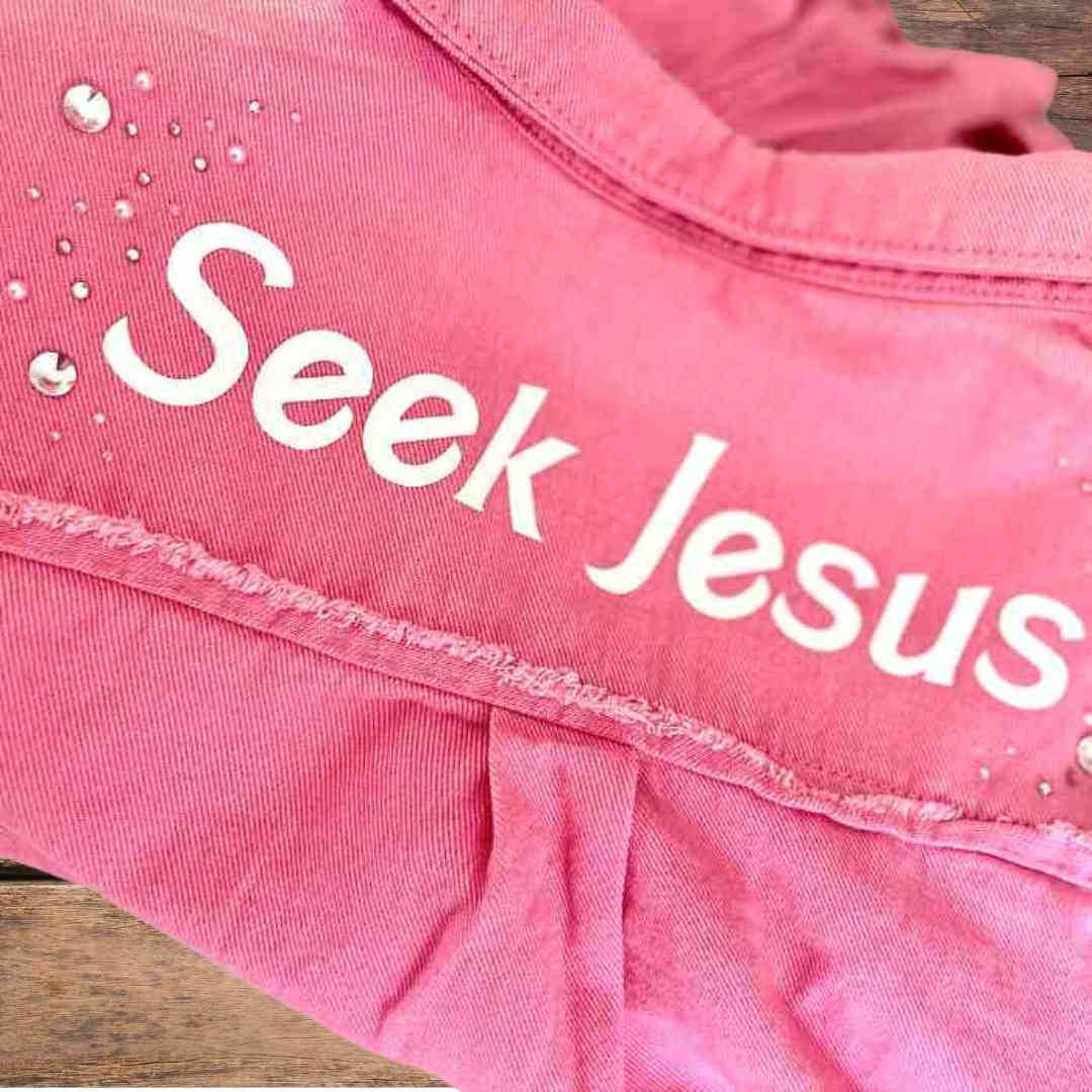 hope + joy collective Large Bright Pink Seek Jesus Denim Jacket