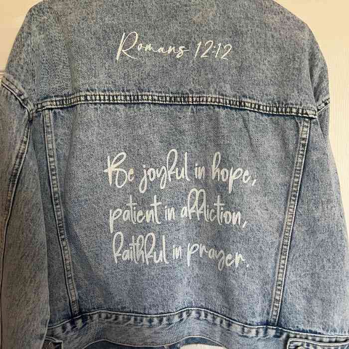 hope + joy collective Large Romans 12:12 Floral Denim Jacket