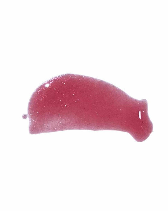 hope + joy collective La Vie En Rose Lip Gloss swatch sample showing rose color and shimmer on white background