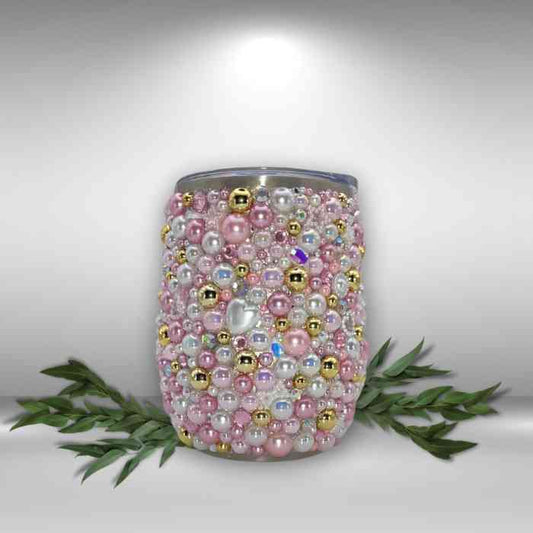 Pink Pearl & Rhinestone Wine Tumbler