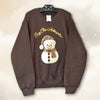 hope + joy collective Cozy Chic Ambassador Snowman Crewneck brown sweatshirt with realistic knit-look image of snowman wearing and leopard print hat and scarf and "Cozy Chic Ambassador" in swirly puff textured font arching over the snowman.