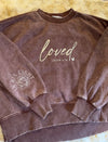 hope + joy collective Sweatshirt Loved Crewneck Sweatshirt | John 3:16 Embroidery mocha brown acid washed crewneck sweatshirt with "loved John 3:16" embroidered on front chest