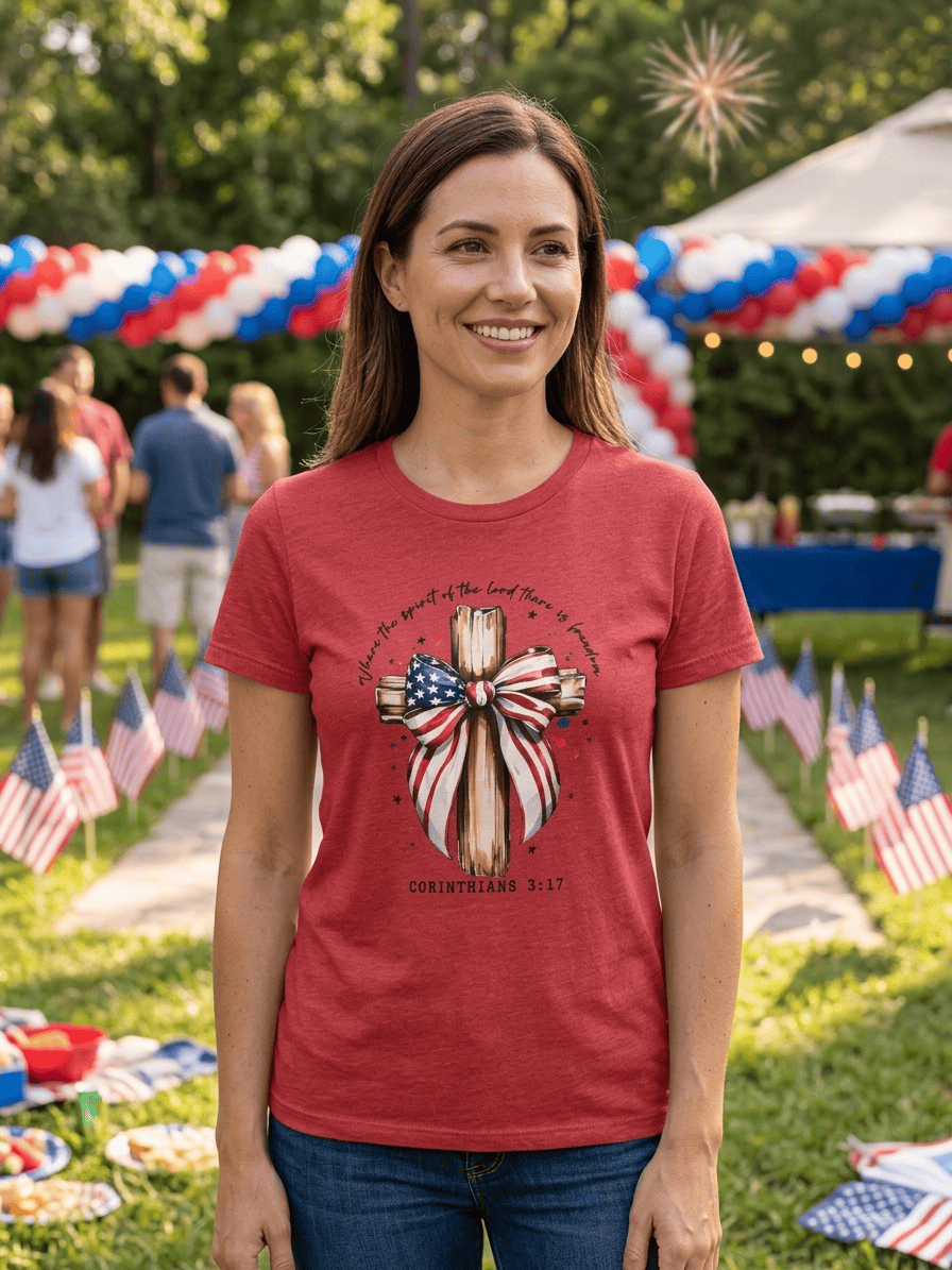 hope + joy collective red T-Shirt with cross with red, white and blue bow and 1 Corinthians 3:17 in scripted font curved around the graphic image