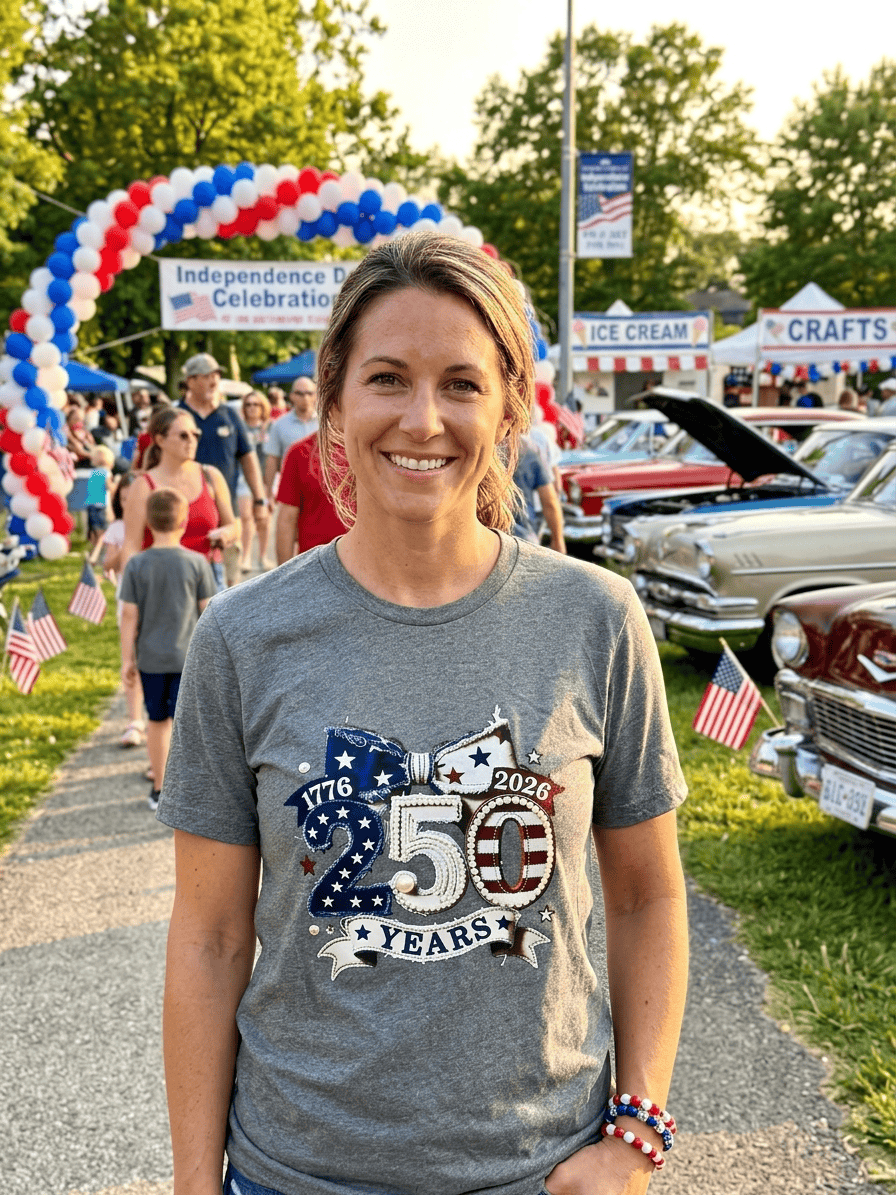 hope + joy collective gray T-Shirt with faux distressed denim image with red, white, and navy blue "250 Years 1776-2026" on female model standing in front of classic cars from the 1950's