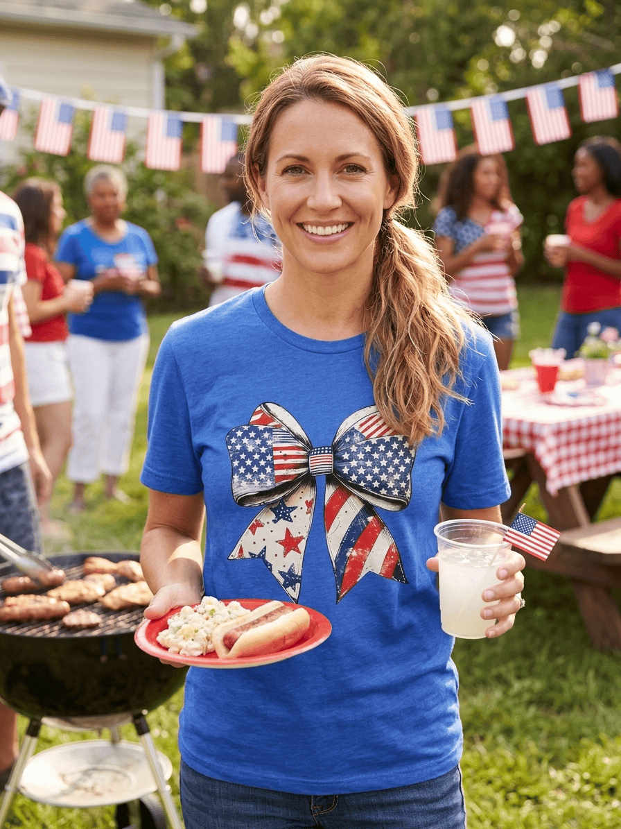 hope + joy collective  bright blue T-Shirt with red, white, and blue bow with stripes and stars on female model at 4th of July picnic holding plate of food and a beverage