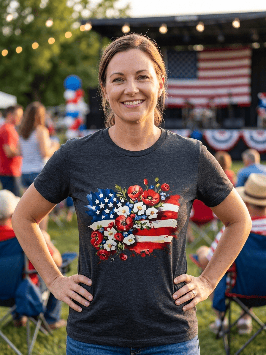 hope + joy collective heather navy T-Shirt with American Flag with Flowers  image on female model standing in an outdoor Independence Day concert scene