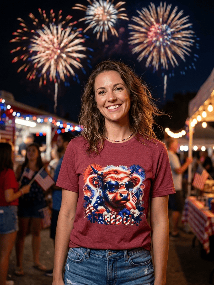 hope + joy collective red T-Shirt with  Highland Cow adorned in red, white, and blue jewelry and sunglasses and fireworks bursting  in background on female model at a night time fireworks display scene