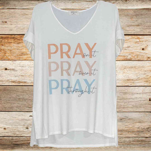 hope + joy collective T-Shirt Pray on it, Over it, Through it Ladies Modal Short Sleeve V-Neck Top