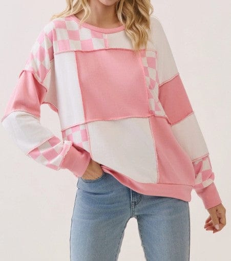 hope + joy collective tops Feminine Pink and White Checkered Print Patchwork Pullover Feminine Pink and White Checkered Print Patchwork Pullover
