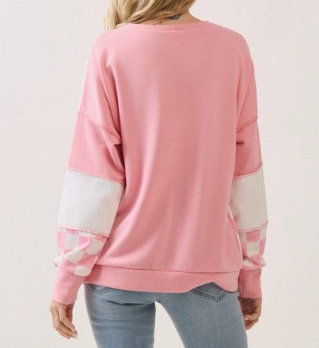 hope + joy collective tops Feminine Pink and White Checkered Print Patchwork Pullover Feminine Pink and White Checkered Print Patchwork Pullover