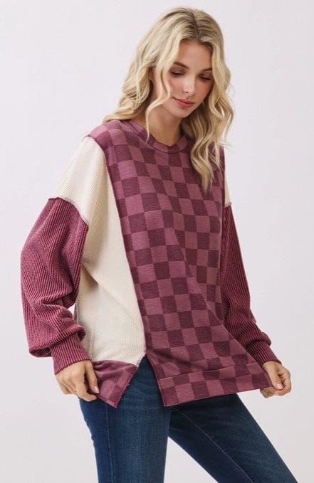 hope + joy collective tops Mulberry Checkered Print Long Sleeve Pullover Top Mulberry Checkered Print Long Sleeve Pullover Top