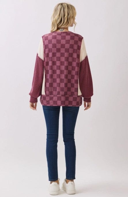 hope + joy collective tops Mulberry Checkered Print Long Sleeve Pullover Top Mulberry Checkered Print Long Sleeve Pullover Top