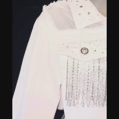 White Denim Cropped Jacket with Rhinestone Bow