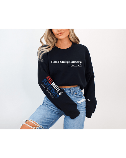 Printify Sweatshirt Black / S God. Family. Country. - Charlie Kirk Crewneck (Black) God. Family. Country. - Charlie Kirk Crewneck (Black)