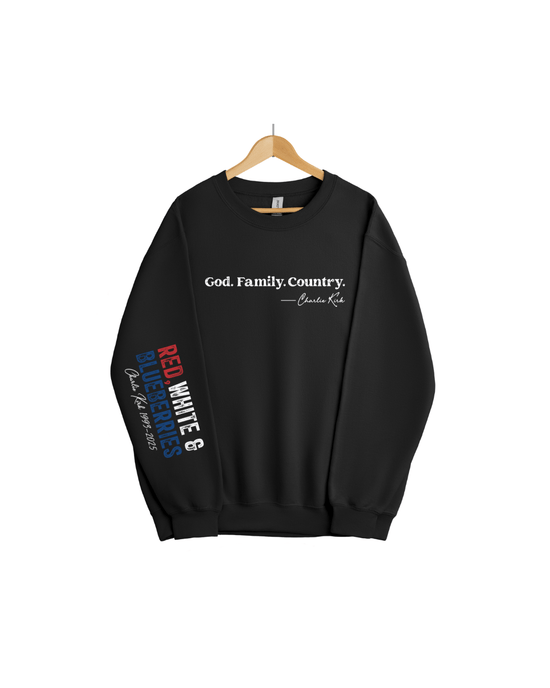 Printify Sweatshirt God. Family. Country. - Charlie Kirk Crewneck (Black) God. Family. Country. - Charlie Kirk Crewneck (Black)
