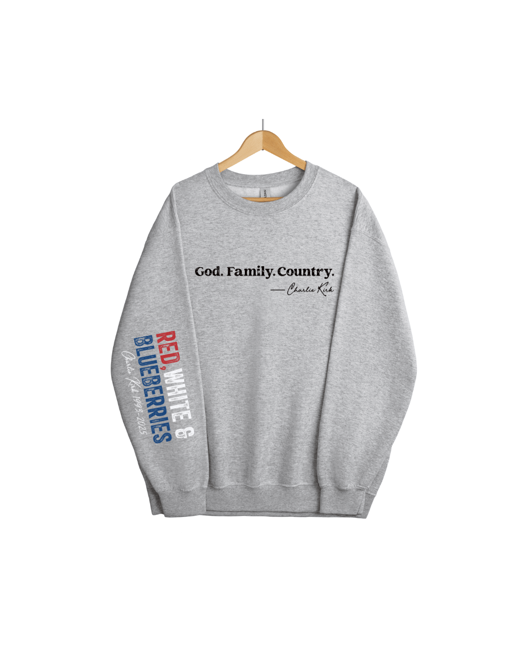 Printify Sweatshirt God. Family. Country. - Charlie Kirk Crewneck (Sport Grey) God. Family. Country. - Charlie Kirk Crewneck (Sport Grey)