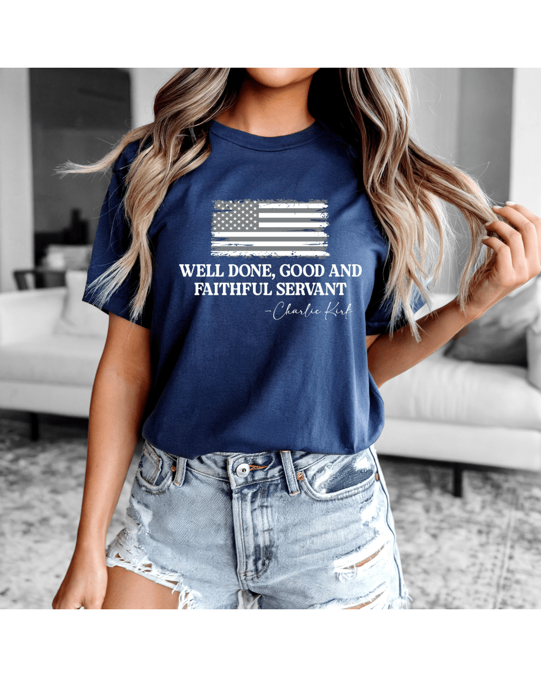 Printify T-Shirt “Well Done, Faithful Servant” Charlie Kirk Remembrance Tee - Navy and White “Well Done, Faithful Servant” Charlie Kirk Remembrance Tee - Navy and White