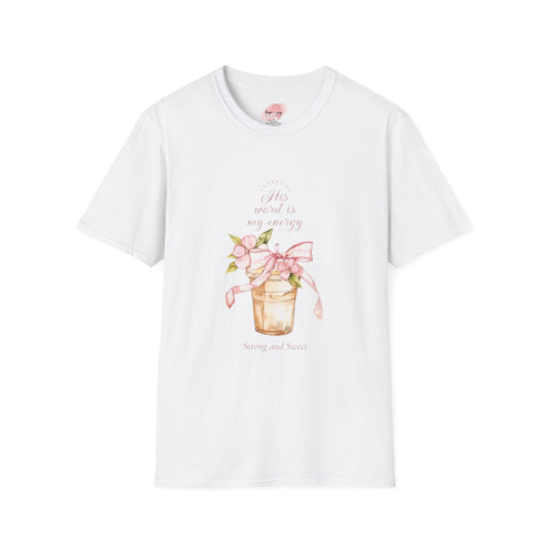 Printify T-Shirt XS / White Christian Pink Coquette Style Unisex Softstyle T-Shirt, God's Word Strength Energy, Religious Tee, Women's Graphic Top, Inspirational Shirt Christian Pink Coquette Style Unisex Softstyle T-Shirt, God's Word Strength Energy, Religious Tee, Women's Graphic Top, Inspirational Shirt