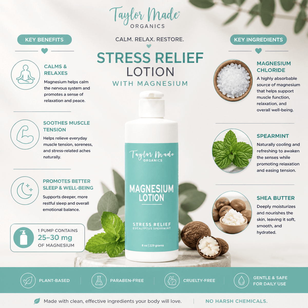 Taylor Made Organics therapeutic lotion Magnesium Organic Lotion Stress Relief Magnesium Organic Lotion Stress Relief