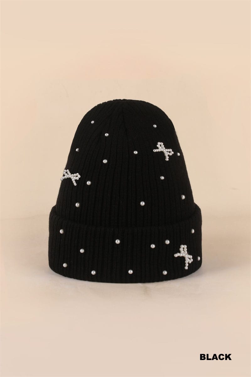 Zenana hat BLACK / One Size Pearl Coquette Bow Cuff Beanie Pearl Coquette Bow Cuff Beanie