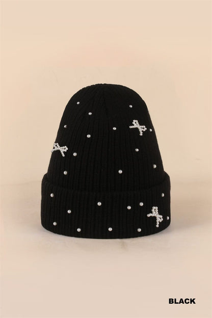 Zenana hat BLACK / One Size Pearl Coquette Bow Cuff Beanie Pearl Coquette Bow Cuff Beanie