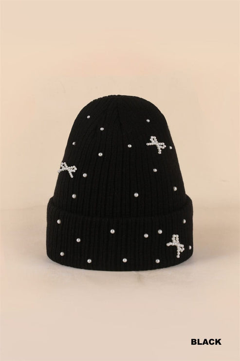 Zenana hat BLACK / One Size Pearl Coquette Bow Cuff Beanie Pearl Coquette Bow Cuff Beanie