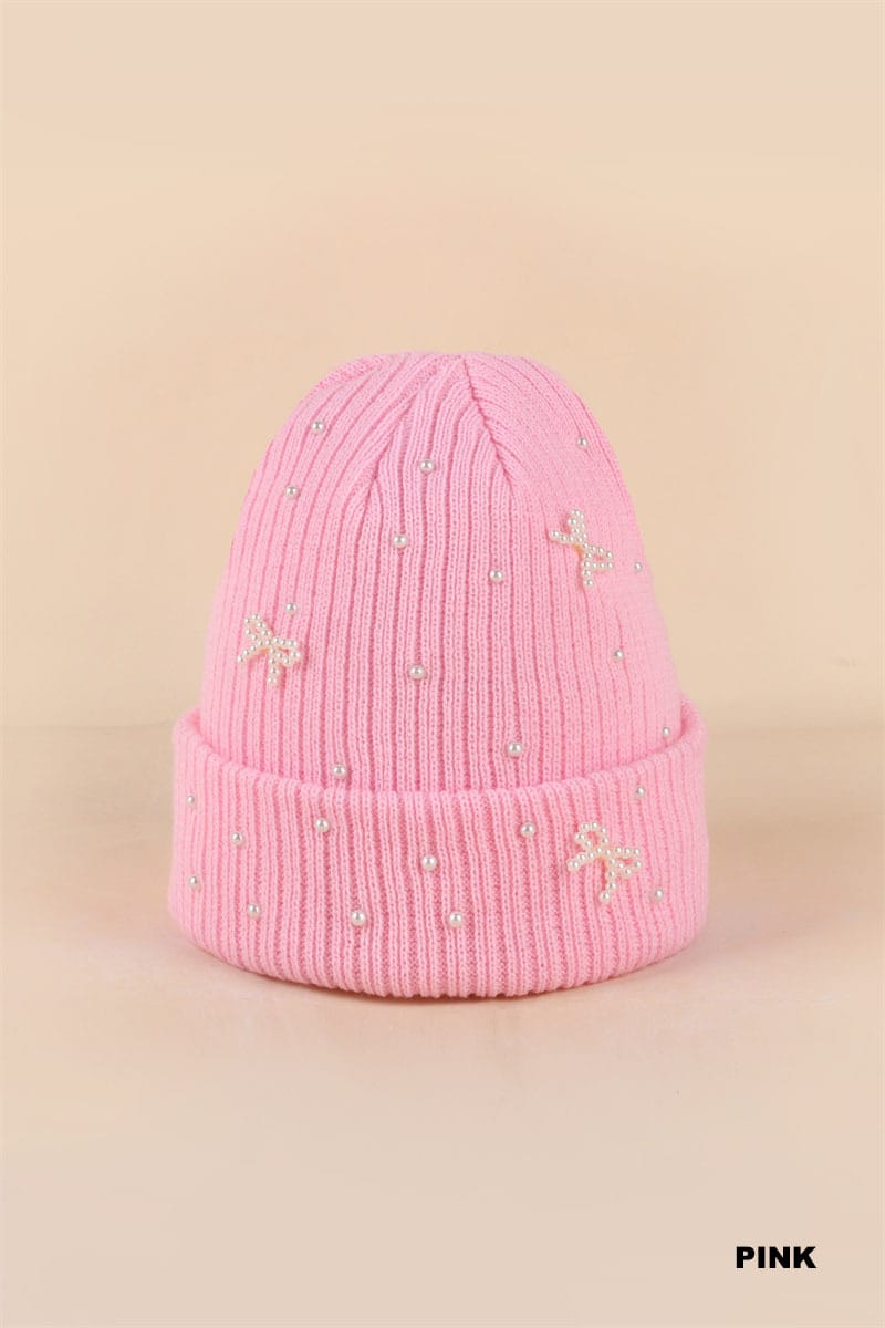 Zenana hat PINK / One Size Pearl Coquette Bow Cuff Beanie Pearl Coquette Bow Cuff Beanie