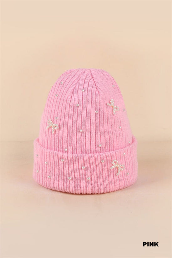 Zenana hat PINK / One Size Pearl Coquette Bow Cuff Beanie Pearl Coquette Bow Cuff Beanie