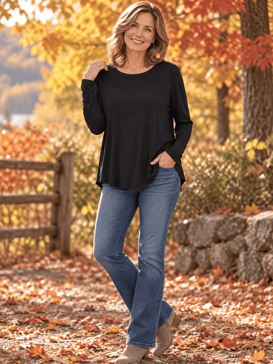 Zenana Long Sleeve Top BLACK / S Flowy Round Hem Rayon Long Sleeve Top Flowy Round Hem Rayon Long Sleeve Top