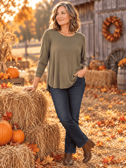 Zenana Long Sleeve Top OLIVE / S Flowy Round Hem Rayon Long Sleeve Top Flowy Round Hem Rayon Long Sleeve Top