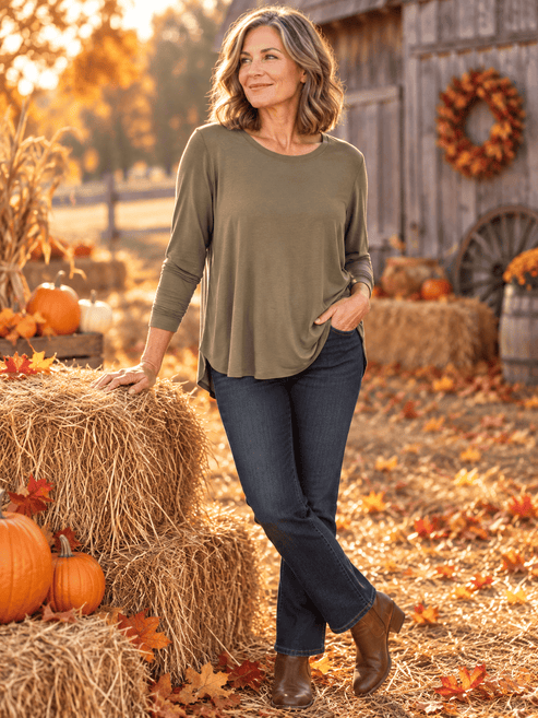 Zenana Long Sleeve Top OLIVE / S Flowy Round Hem Rayon Long Sleeve Top Flowy Round Hem Rayon Long Sleeve Top