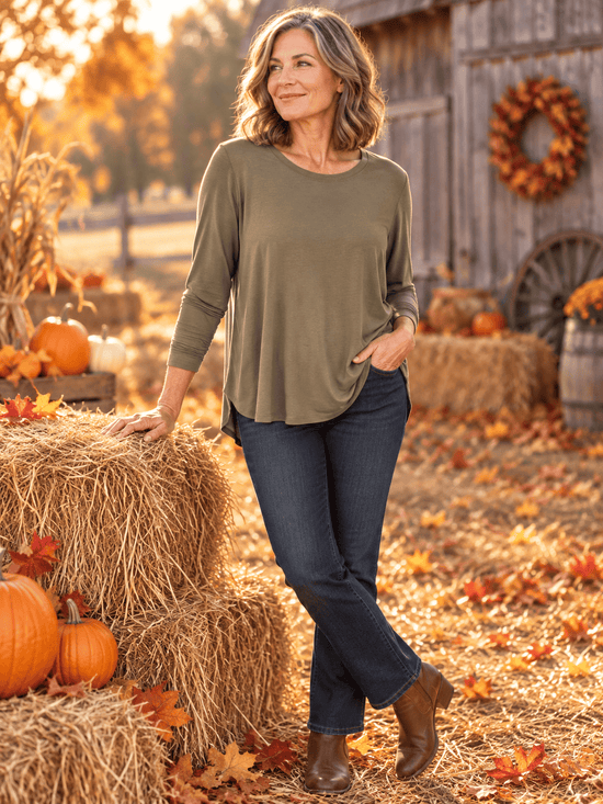 Zenana Long Sleeve Top OLIVE / S Flowy Round Hem Rayon Long Sleeve Top Flowy Round Hem Rayon Long Sleeve Top