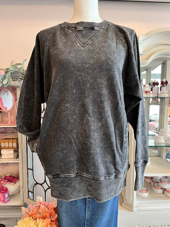 Zenana Pullover Ash Black / S Acid-Washed French Terry Pullover with Pockets Acid-Washed French Terry Pullover with Pockets