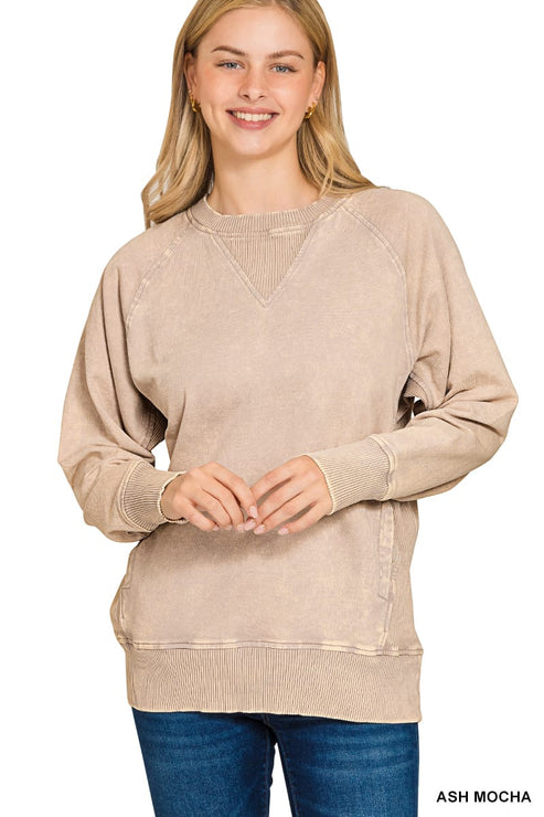 Zenana Pullover ASH MOCHA / S Acid-Washed French Terry Pullover with Pockets Acid-Washed French Terry Pullover with Pockets